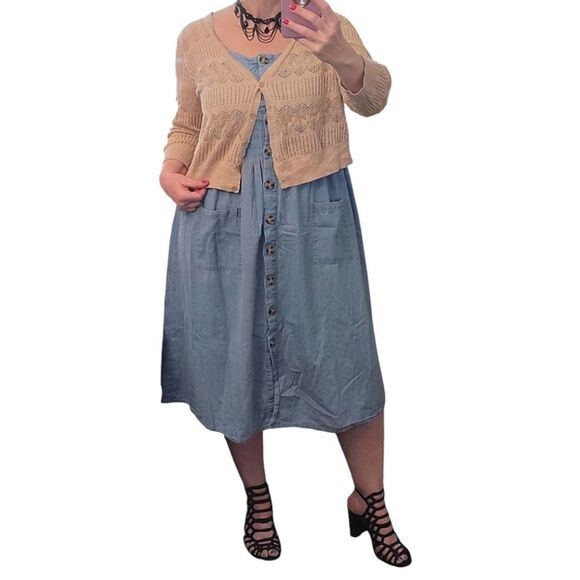 VTG 90s Blue Denim Button Front XL Midi Sundress Jumper with Pockets - Picture 3 of 14